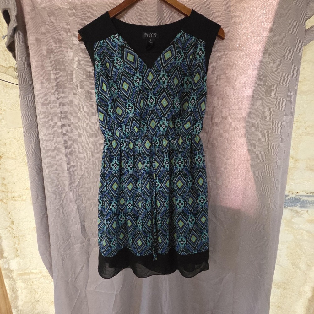 En Focus Studio Dress Womens 6 Blue Geometric Sleeveless Scoop Neck Sundress
